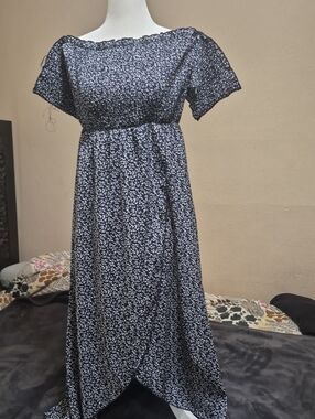 Blue And White Floral Maxi Dress with Short Sleeves And Ipen Front. Longer Back
